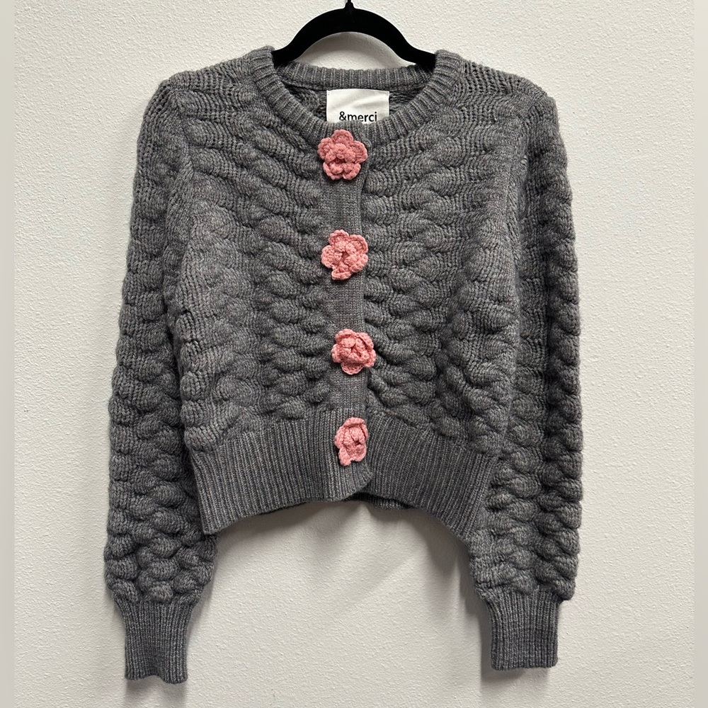 &merci Gray Cardigan with Pink Floral Buttons